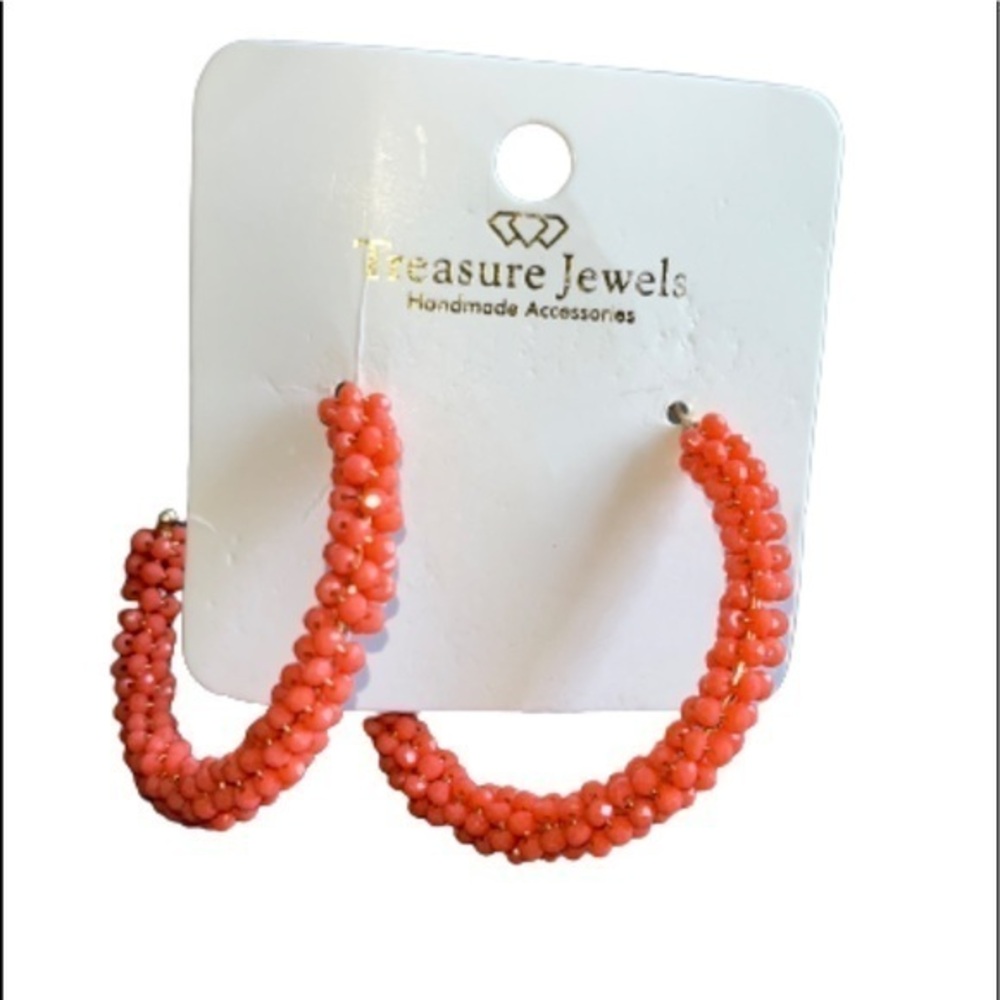 Treasure Jewels handmade Multi beaded orange hoop earrings NWT